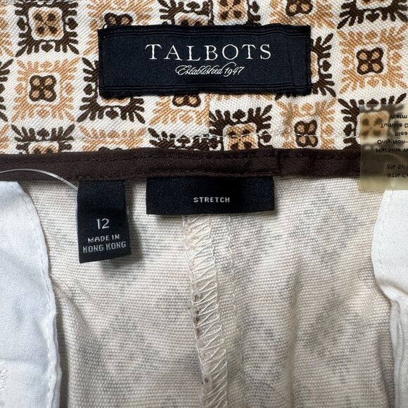 NWOT Talbots Crop Ankle Pants Womens 12 Brown Tan Cream Geometric Tile Stretch - Picture 7 of 14